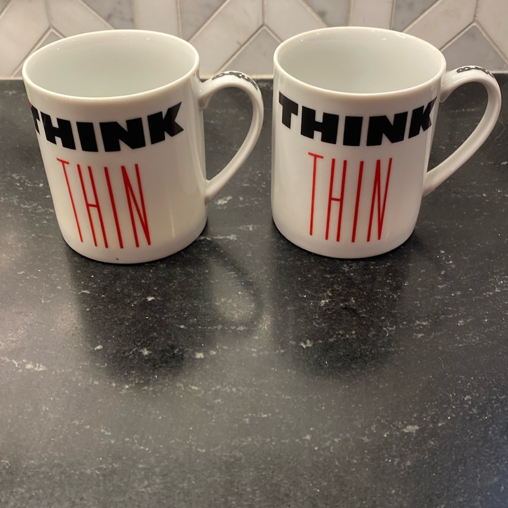 CTO San Francisco Think‎ Thin Coffee Mugs (2).  Has Think Thin on Both Sides